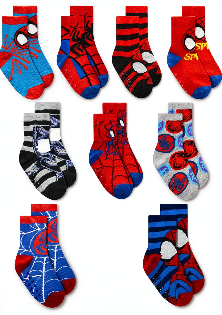Marvel Spiderman Grip Socks for Toddlers Boys Assorted grip pattern close-up on hardwood floor