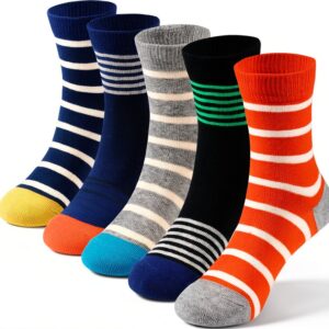 Boys Striped Socks Combed Cotton Seamless Toe 5 Pack-0